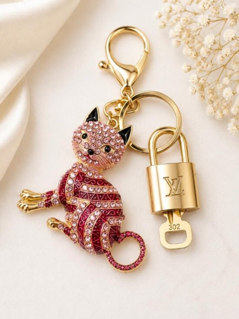 Authentic LV Gold Padlock & Key Set ✨ Luxury Bag Charm w/ Unbranded Cat Keychain